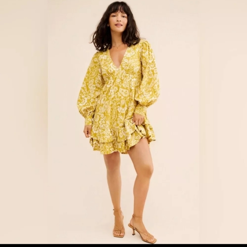 Anthropologie Maeve Long-Sleeve V-Neck Ruffle Mini Dress Size XS Yellow